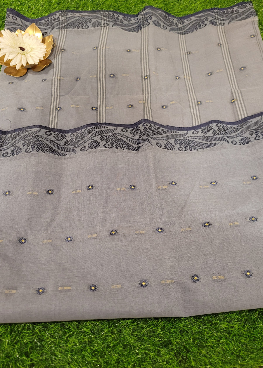 Grey And Black Crisp Tant Cotton Saree-Bengal
