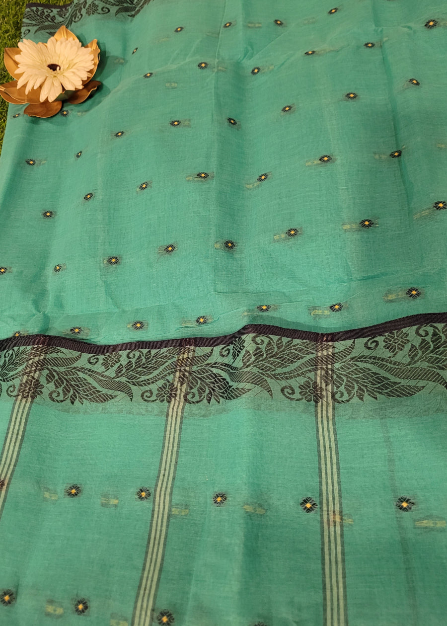 Teal And Black Crisp Tant Cotton Saree-Bengal