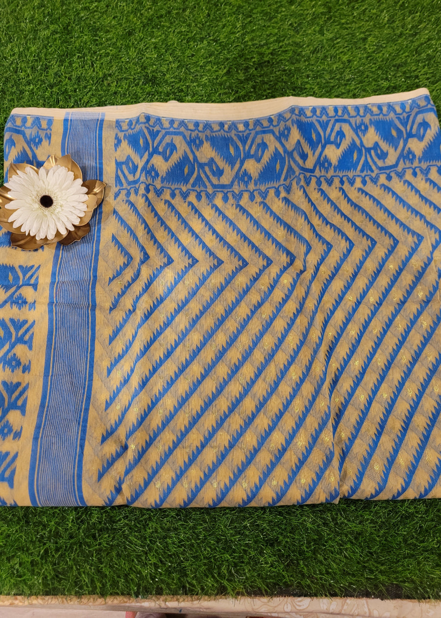 Beige And Blue Soft Cotton Jamdani Saree- Bengal