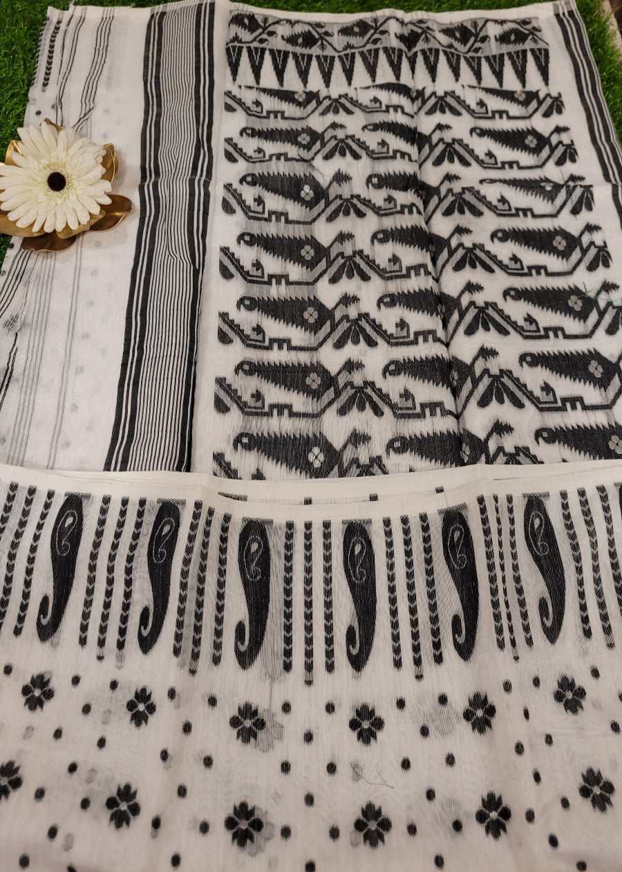 White And Black Soft Cotton Jamdani Saree- Bengal