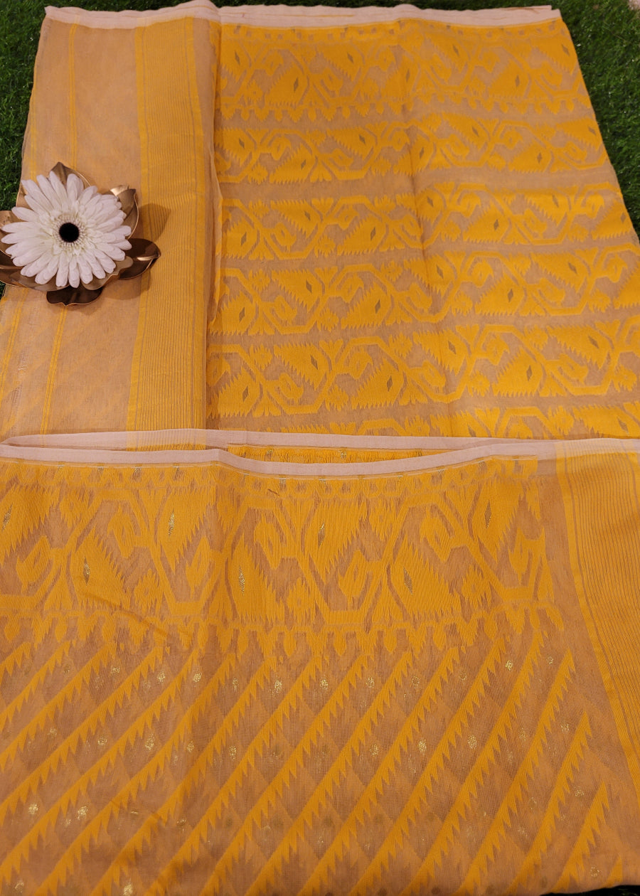 Yellow and Beige Soft Cotton Jamdani Saree- Bengal