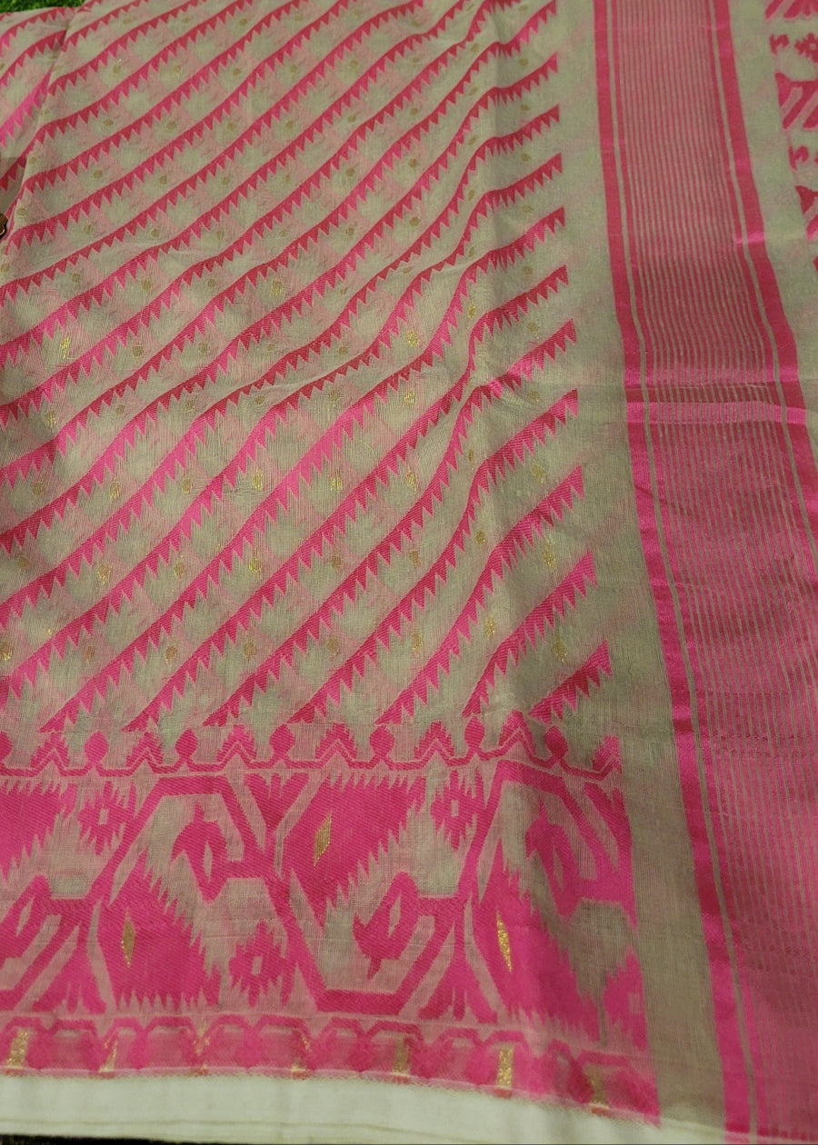 Beige And Pink Soft Cotton Jamdani Saree-Bengal