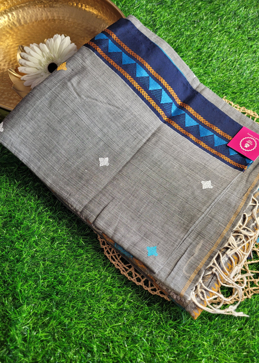 Grey and Navy Blue Soft Cotton Saree-Bengal