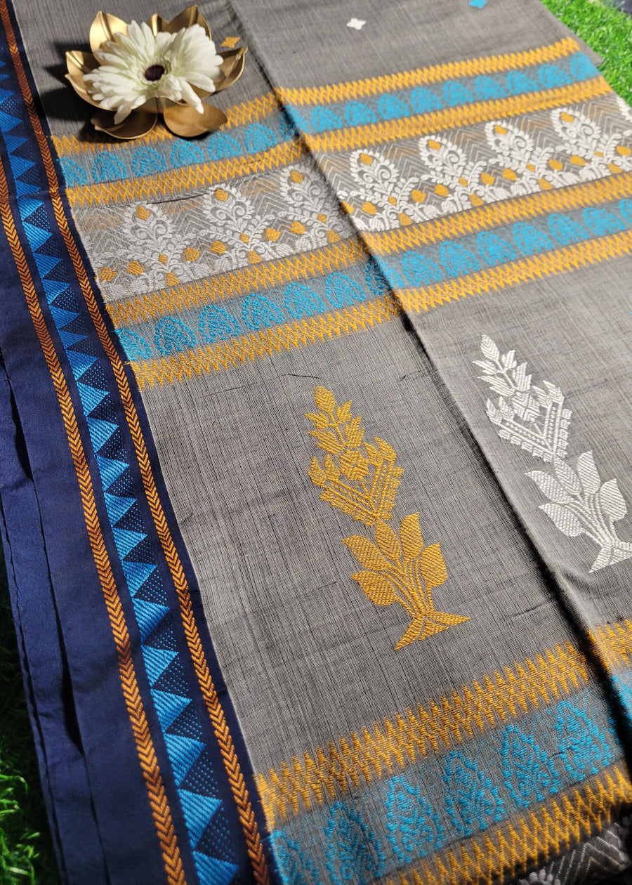 Grey and Navy Blue Soft Cotton Saree-Bengal