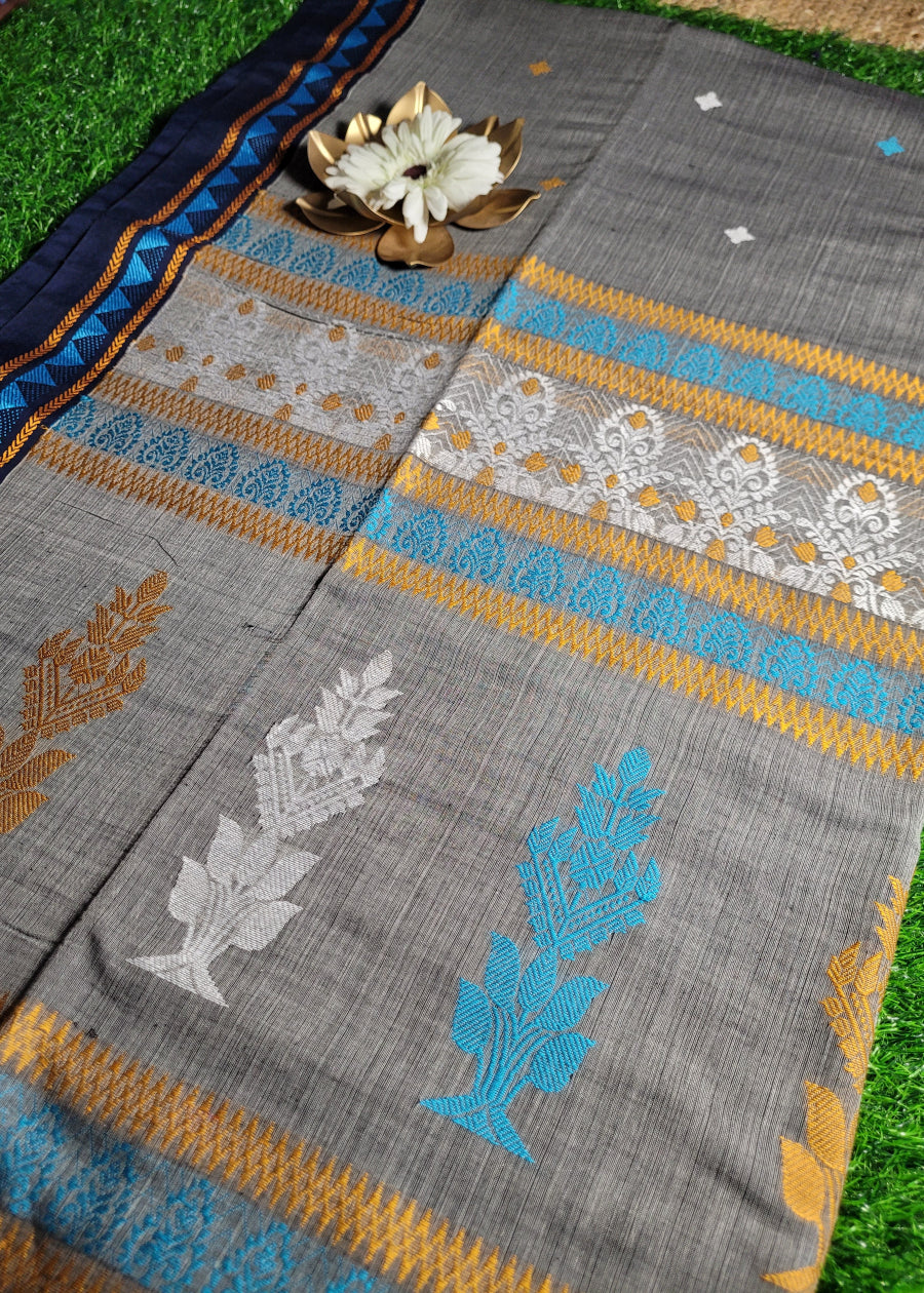 Grey and Navy Blue Soft Cotton Saree-Bengal