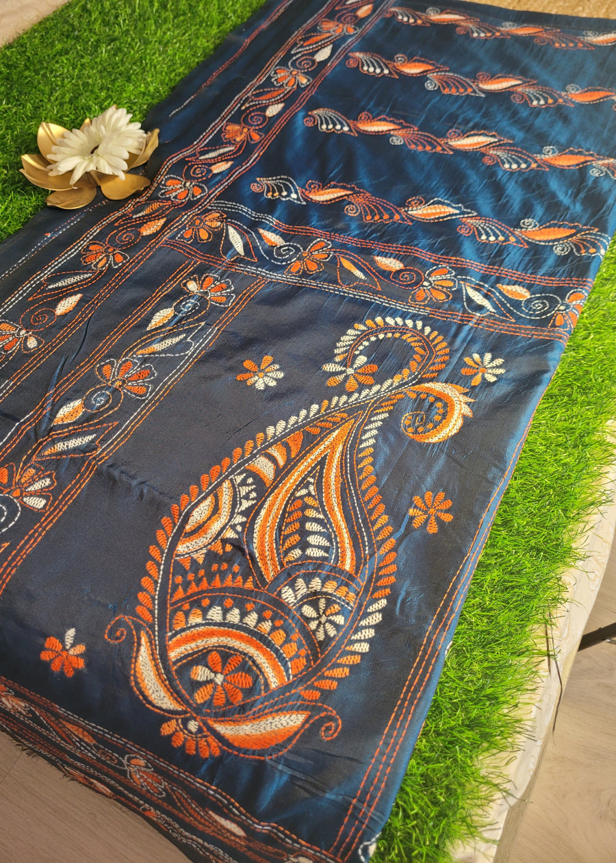 Midnight Blue Kantha Work Saree- Bengal