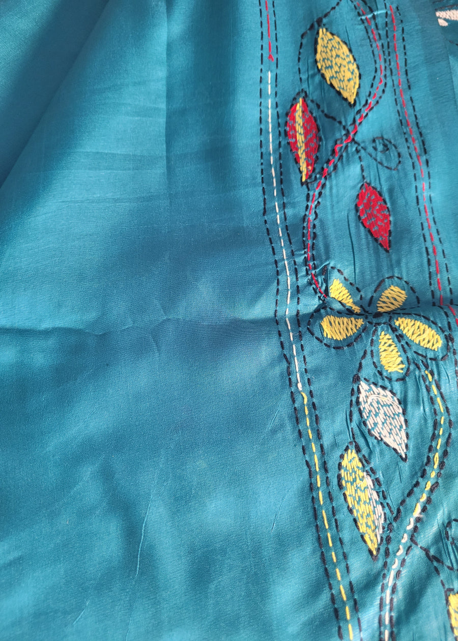 Teal Blue Kantha Work Saree-Bengal
