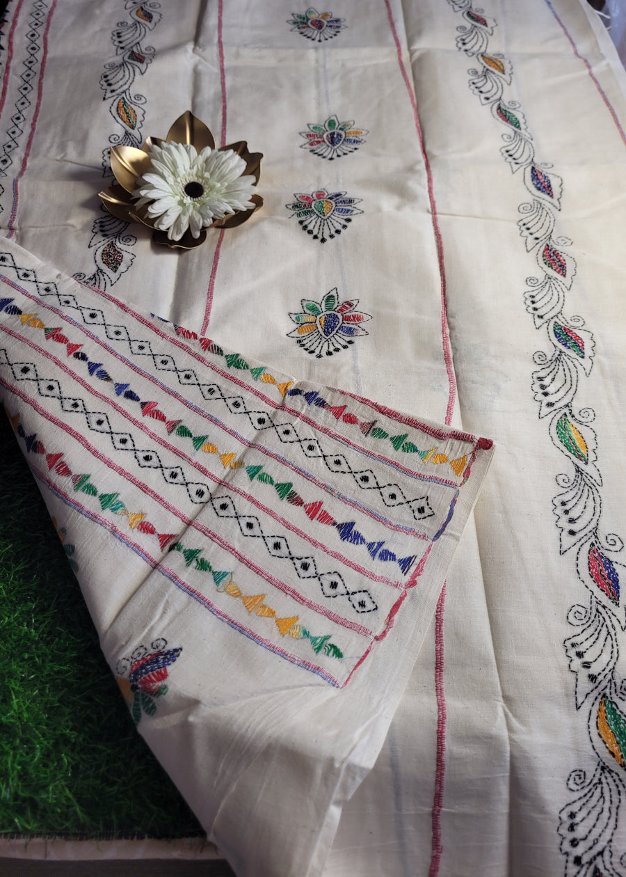 White Cotton Saree With Kantha Work- Bengal