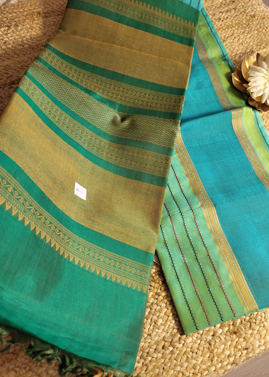 Turquoise And Green Pure Silk-Cotton Saree- TN