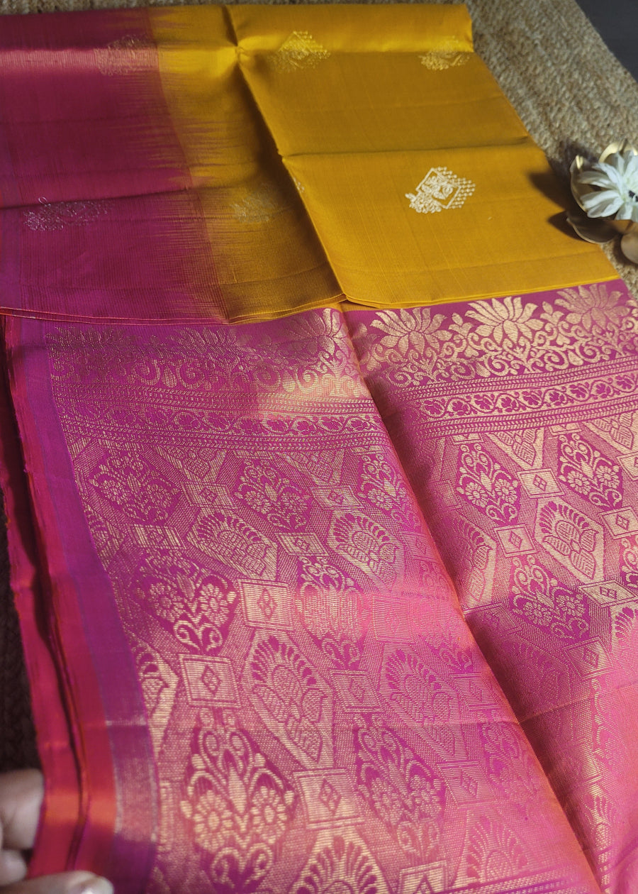 Turmeric Yellow And Dual Tone Pink Pure Kancheepuram Silk Saree- TN
