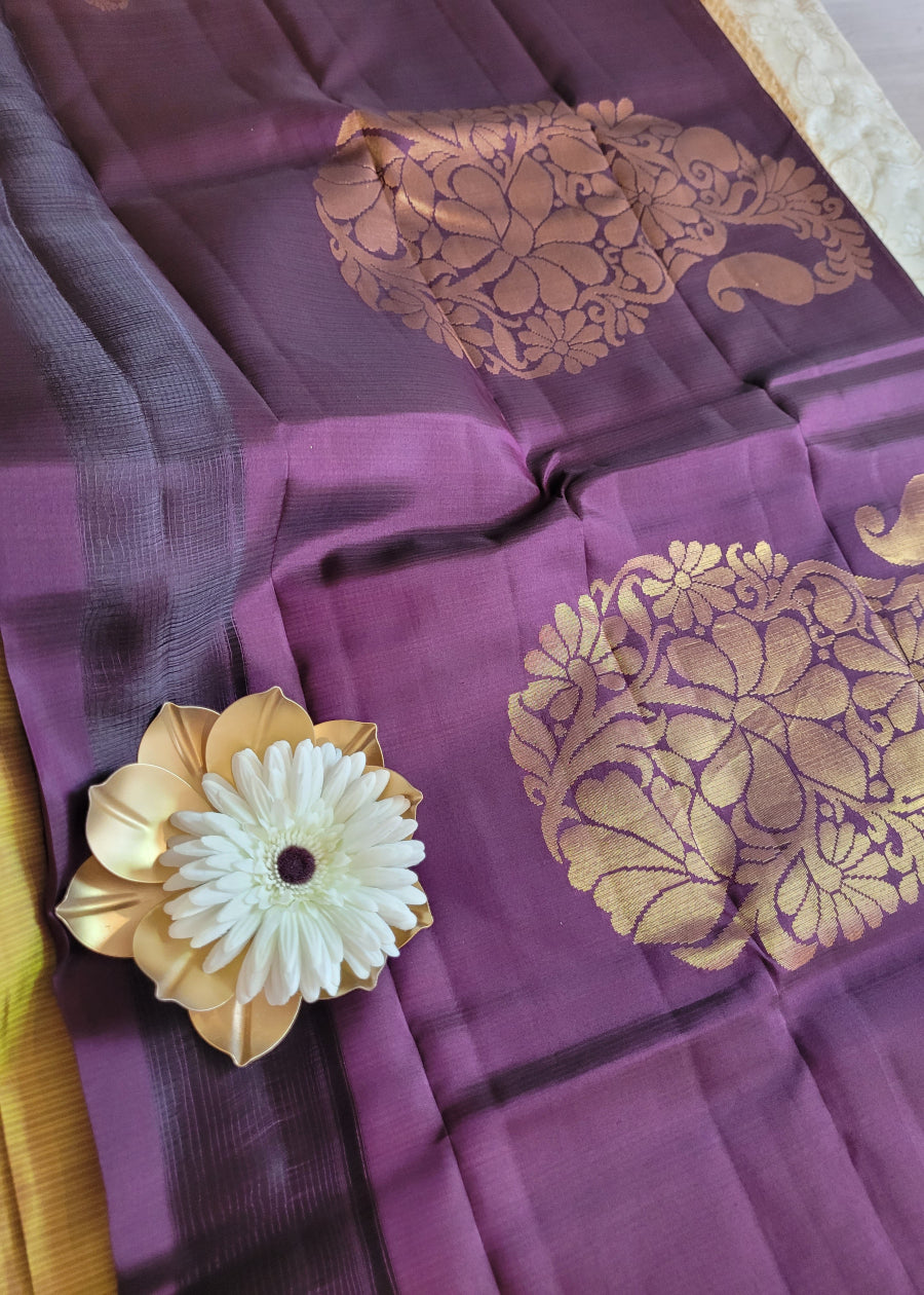 Yellow And Dark Brown Pure Silk Saree - TN