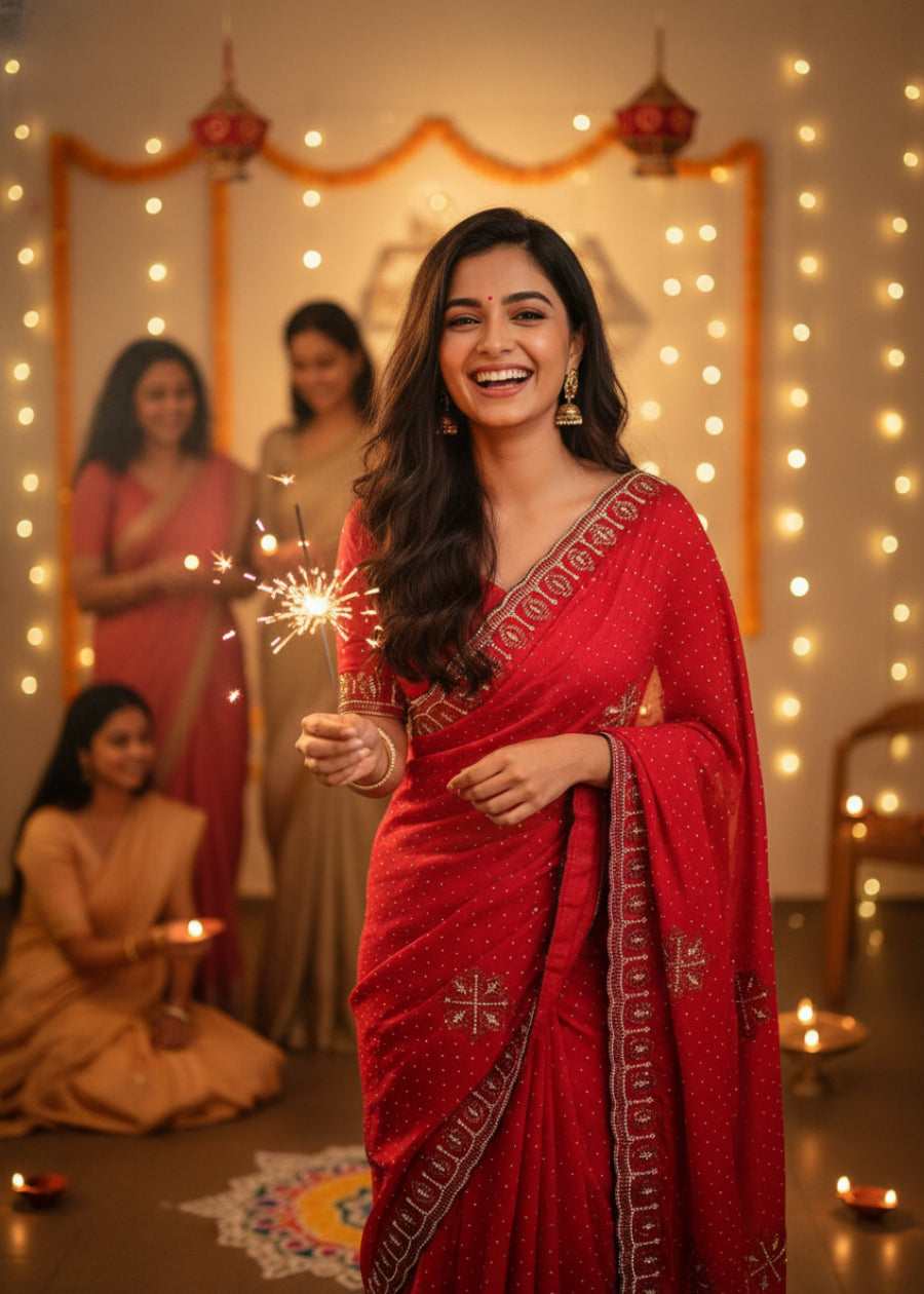 Diwali Special Bright Red Designer Saree