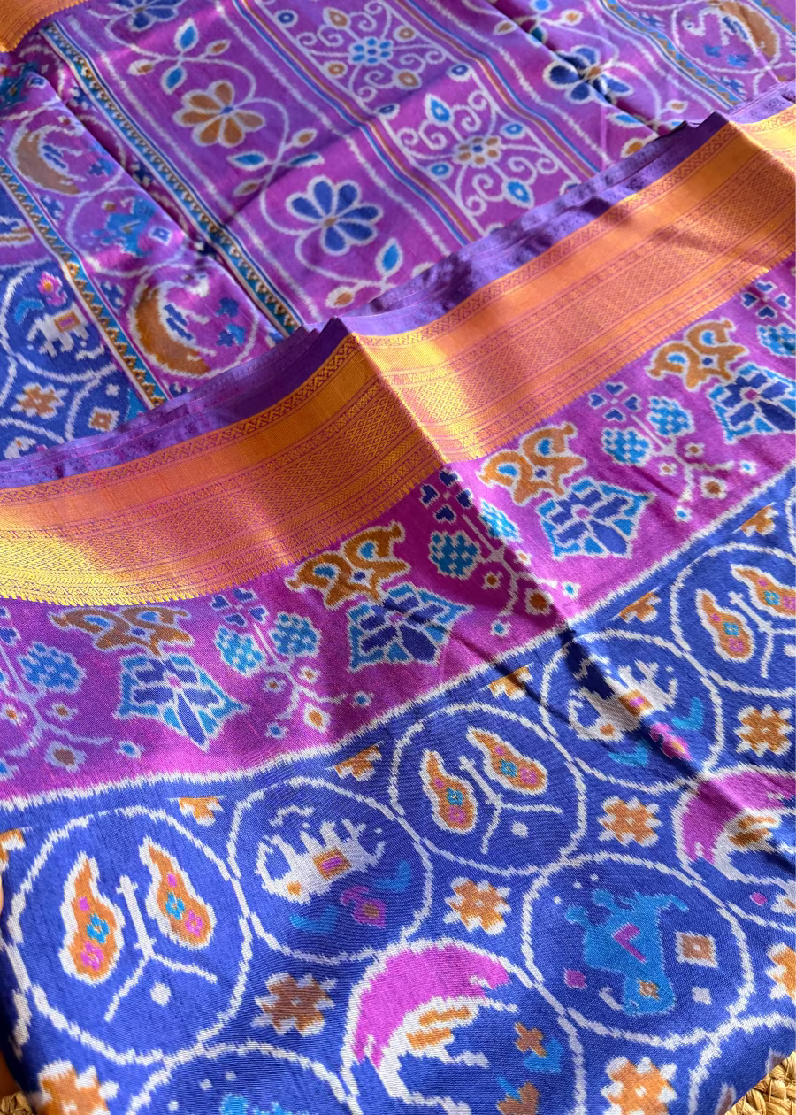 Blue and Purple Pochampalli Semi Silk Saree - Andhra