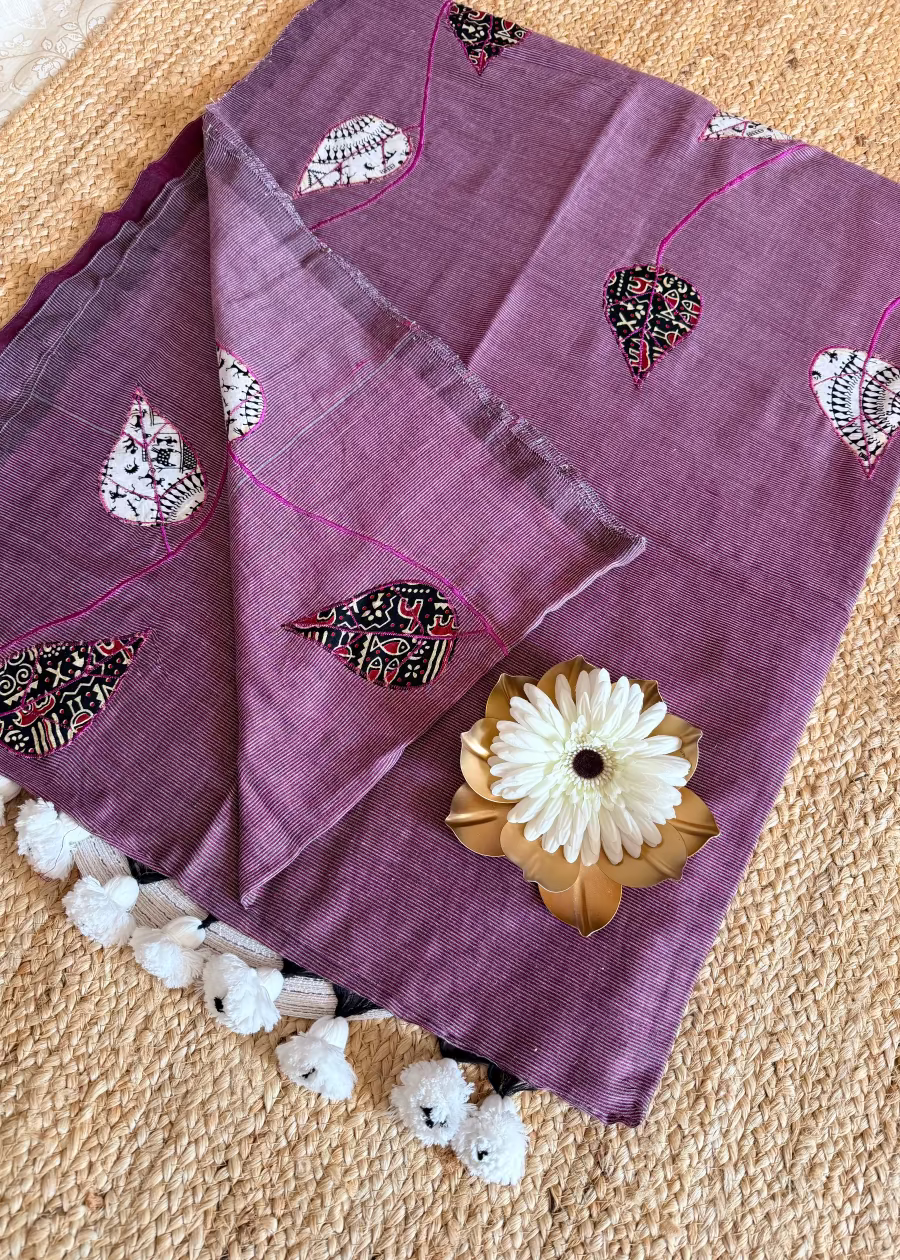 Light Wine Patch Work Cotton Saree - Bengal