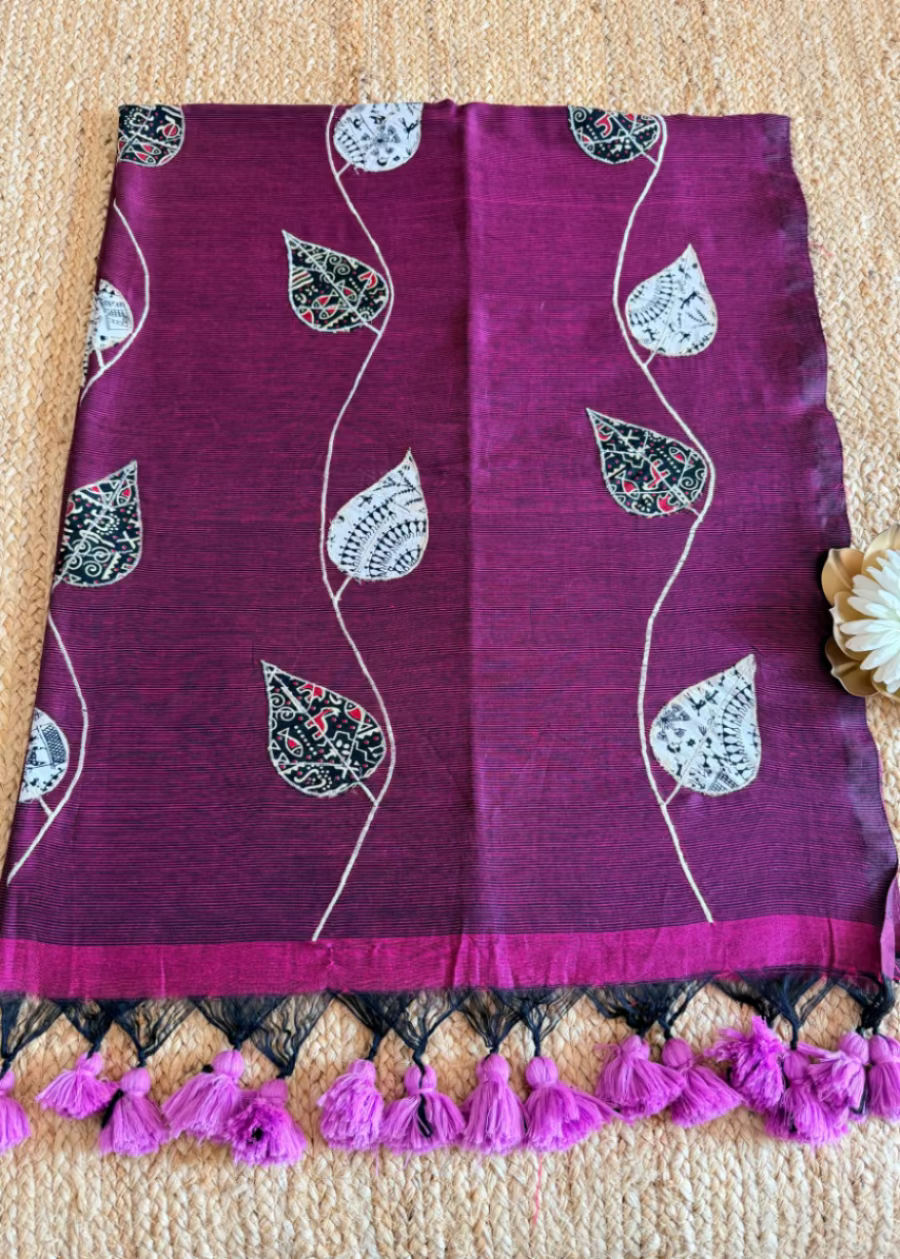 Dark Wine Colour Patch Work Cotton Saree - Bengal