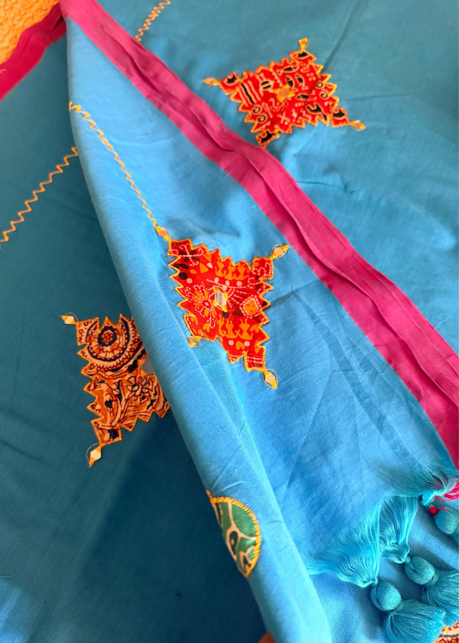 Blue Patch Work Soft Cotton Saree- Bengal