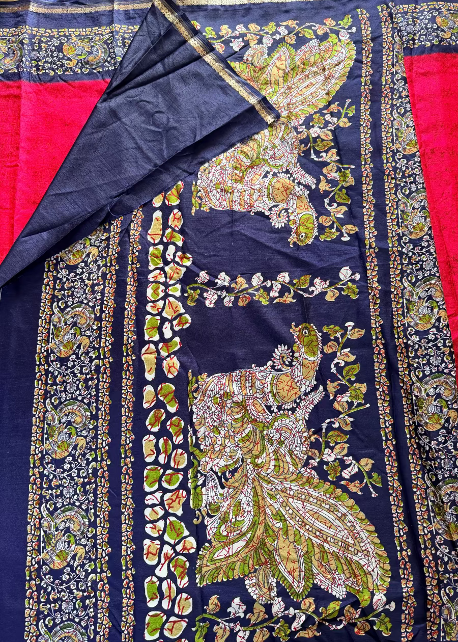 Reddish Pink and Blue Semi Silk Saree - Casual