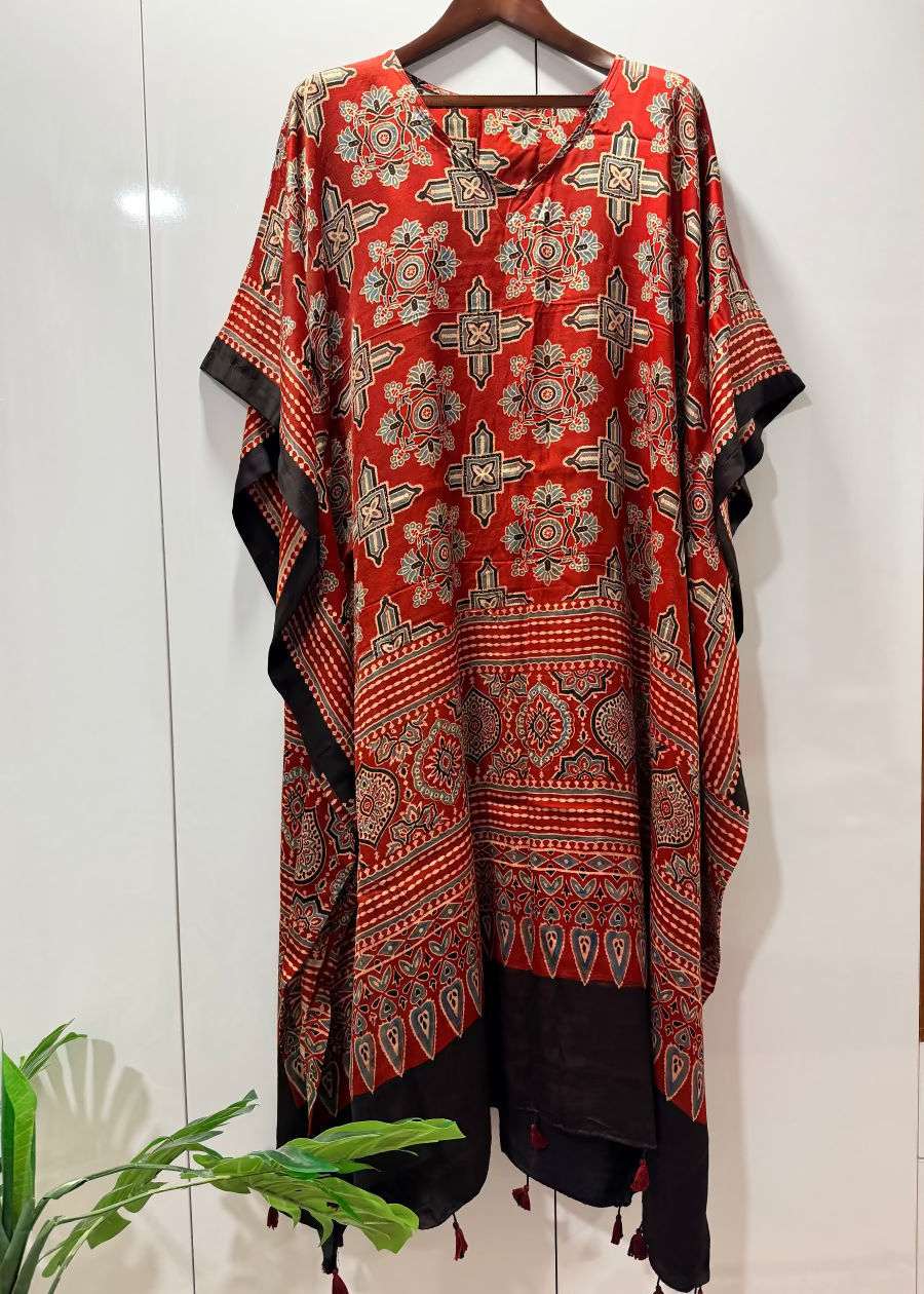 Pure Modal Silk Kaftan Gown - Brick Red and Black