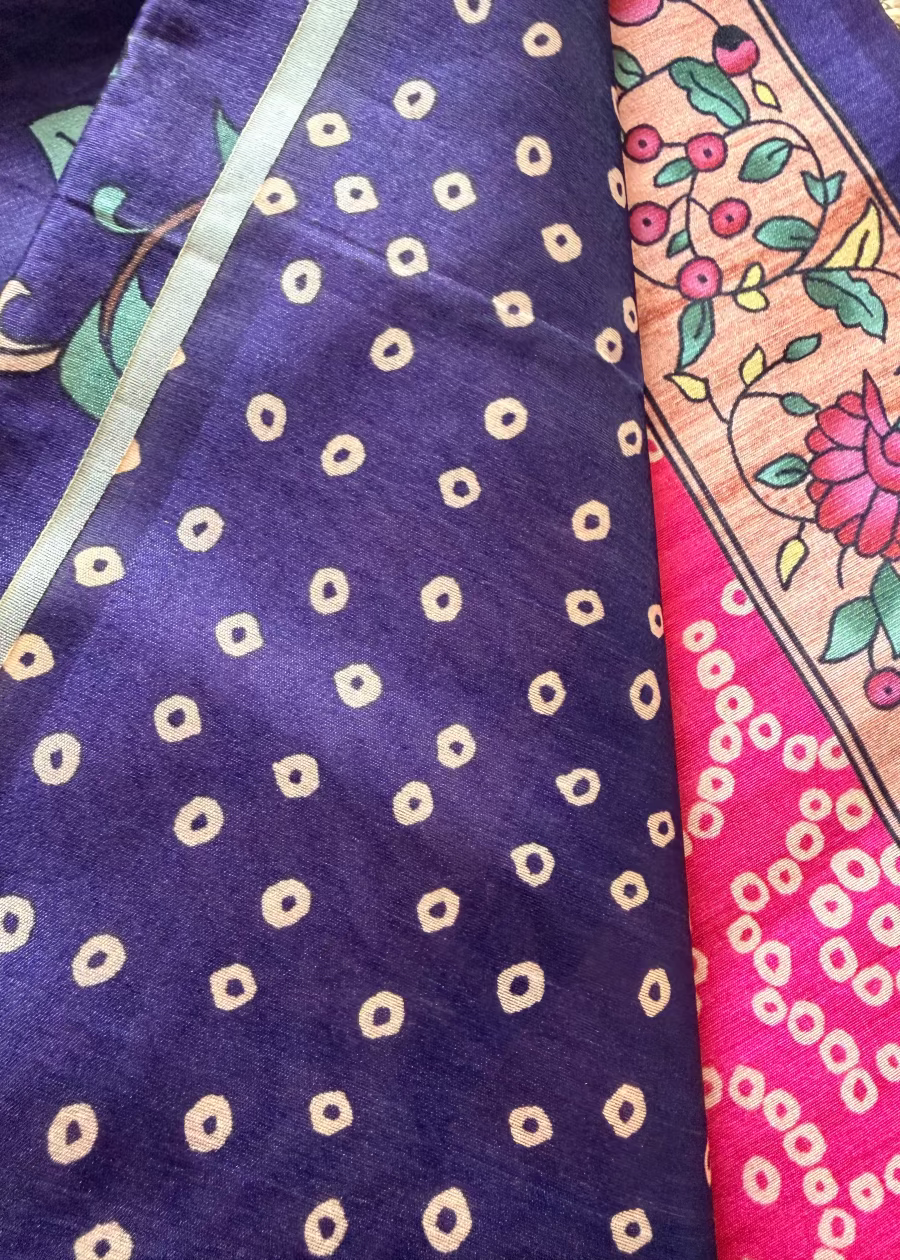 Dark Pink and Blue Kalamkari Saree-Casual