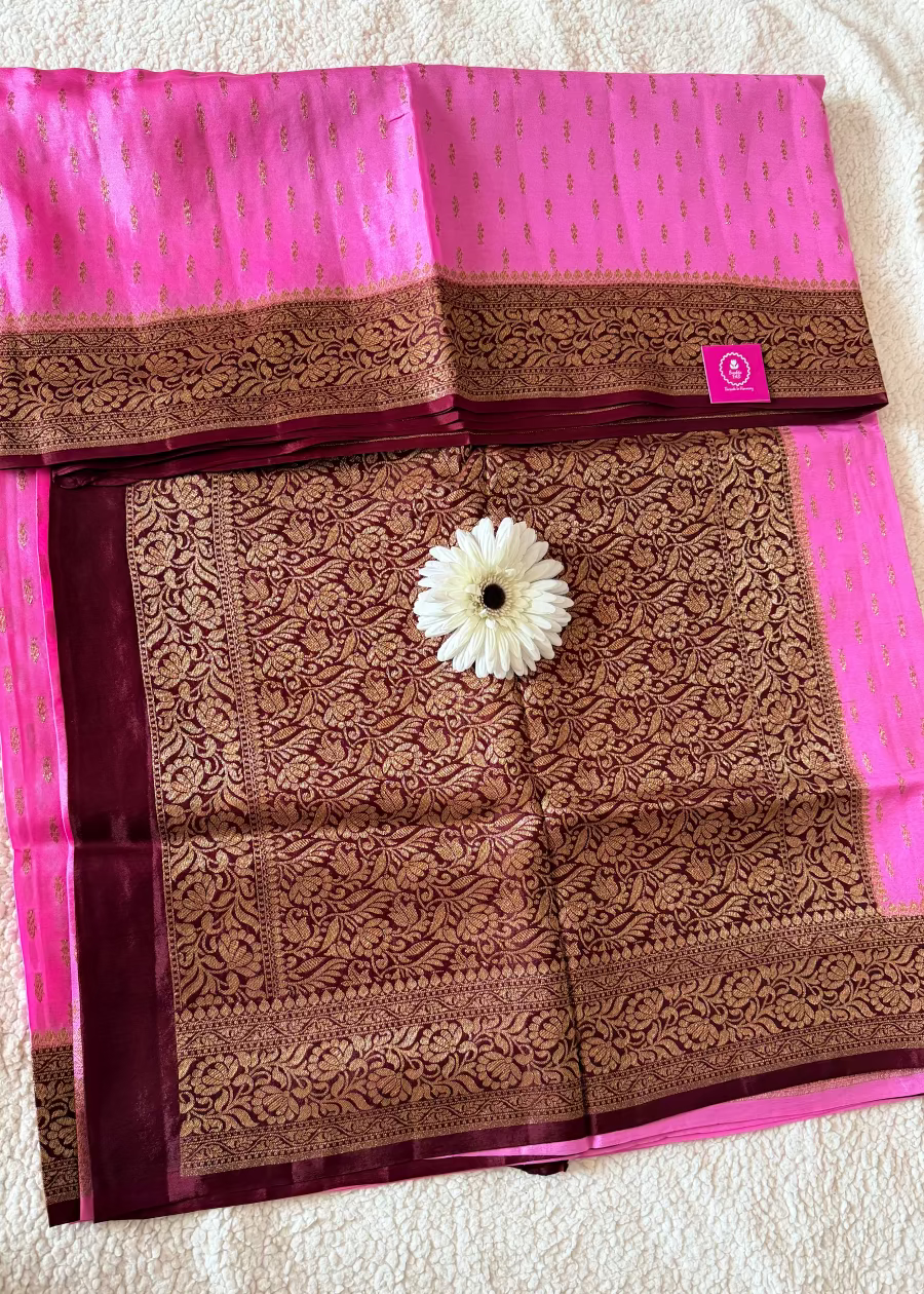 Pink and Dark Brown Crepe Silk Saree- Banaras