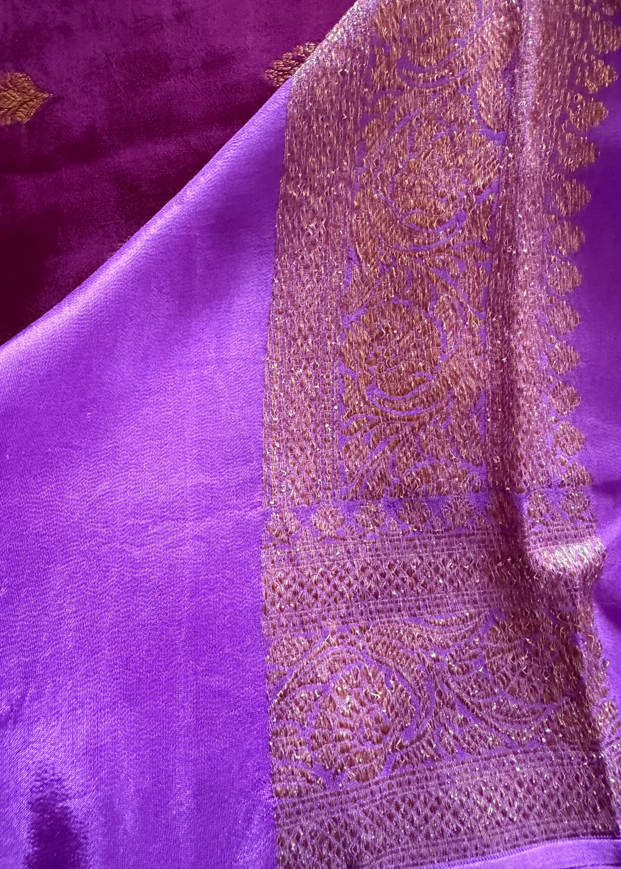 Maroon and Purple Crepe Silk Saree- Banarasi