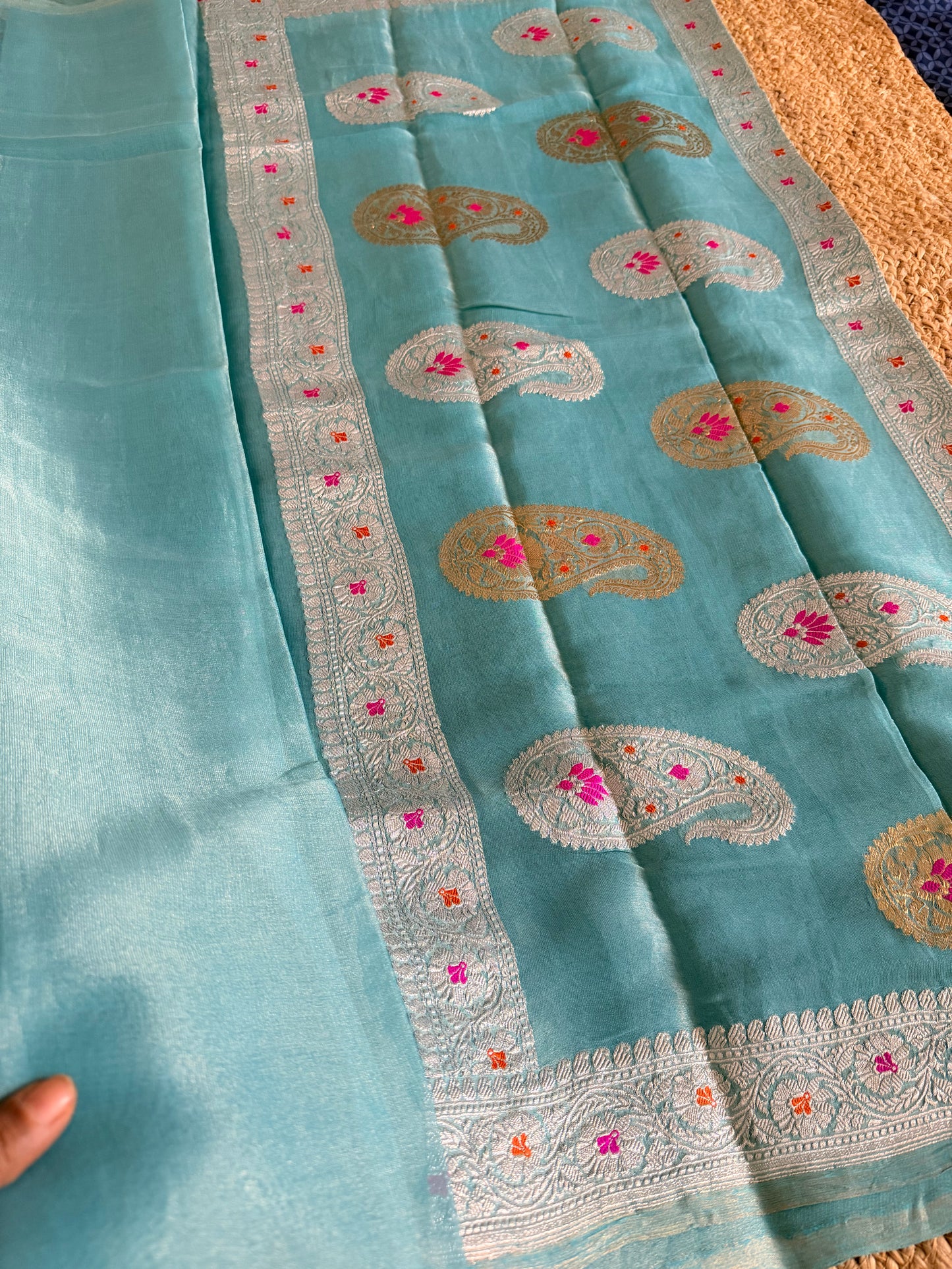 Turquoise Blue Pure Tissue Chiffon Silk Saree- Banaras