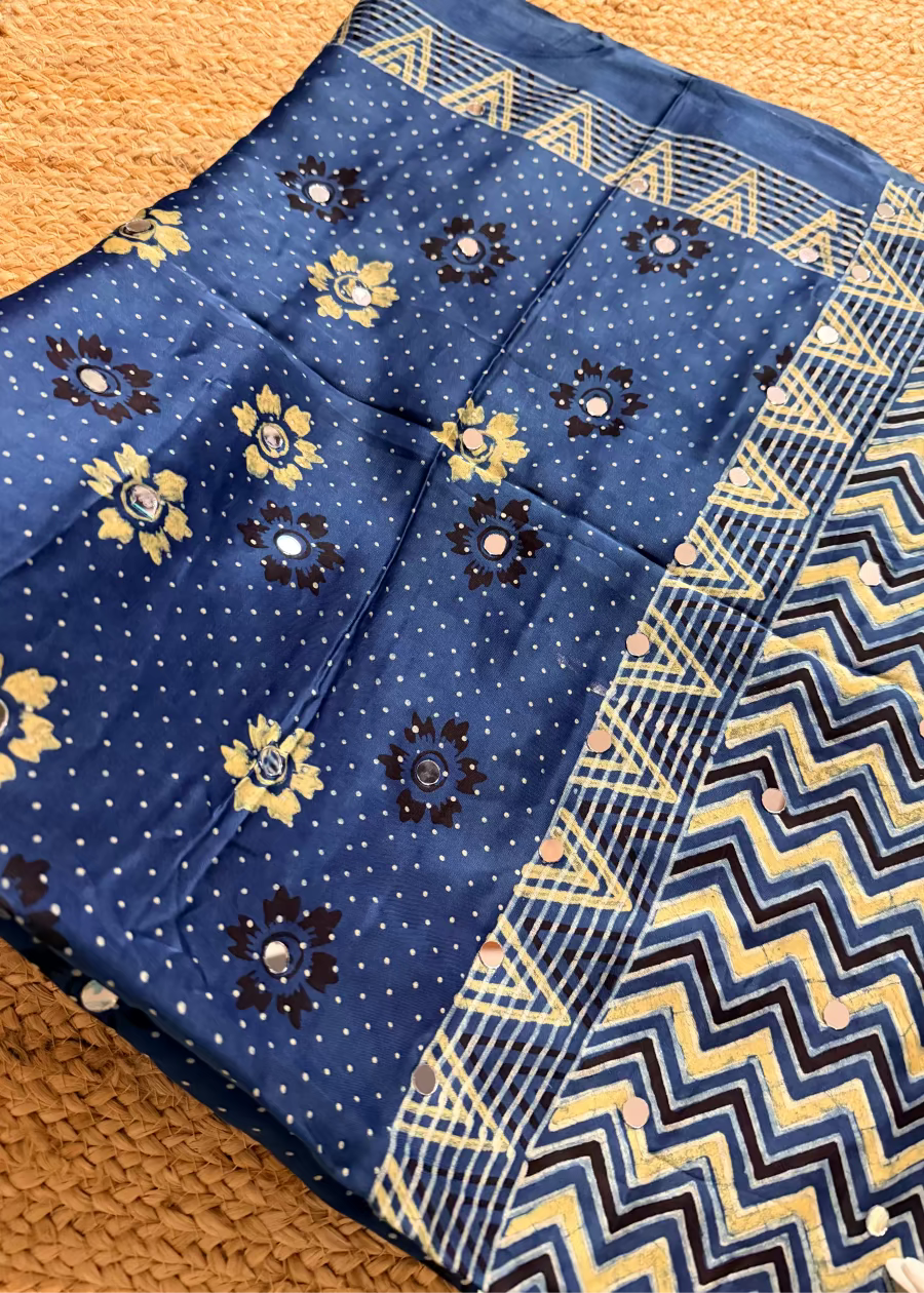 Blue Pure Modal Silk Saree With Mirror Work- Gujarat