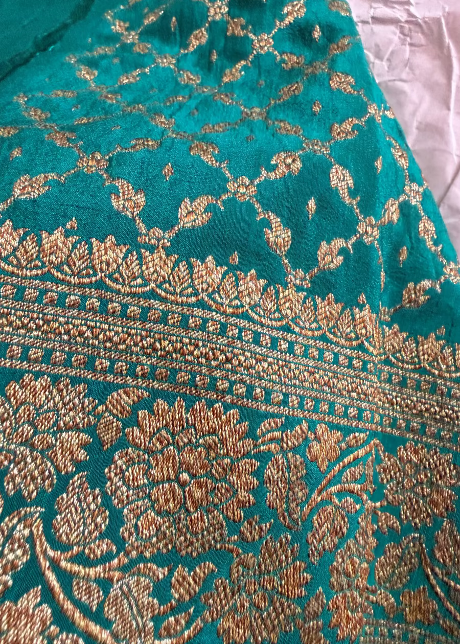 Sunset Orange and Teal Green Banarasi Crepe Silk Saree - Banaras