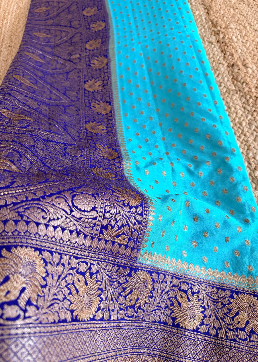 Aqua and Royal Blue Banarasi Crepe Silk Saree - Banaras