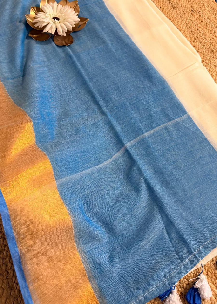 Mul Cotton Saree In Beige and Blue Colour- Kerala