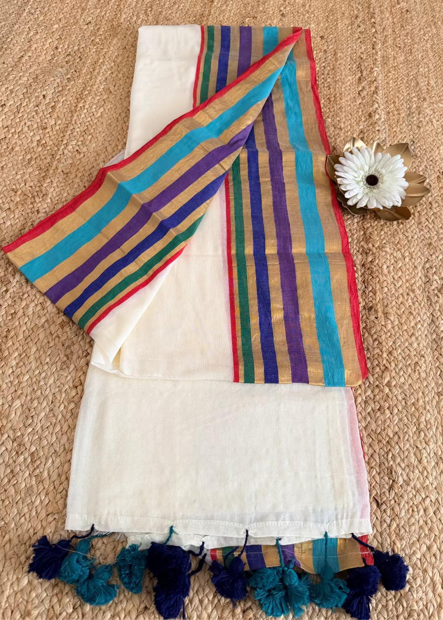 Mul Cotton Saree With Multi Colour Border- Kerala