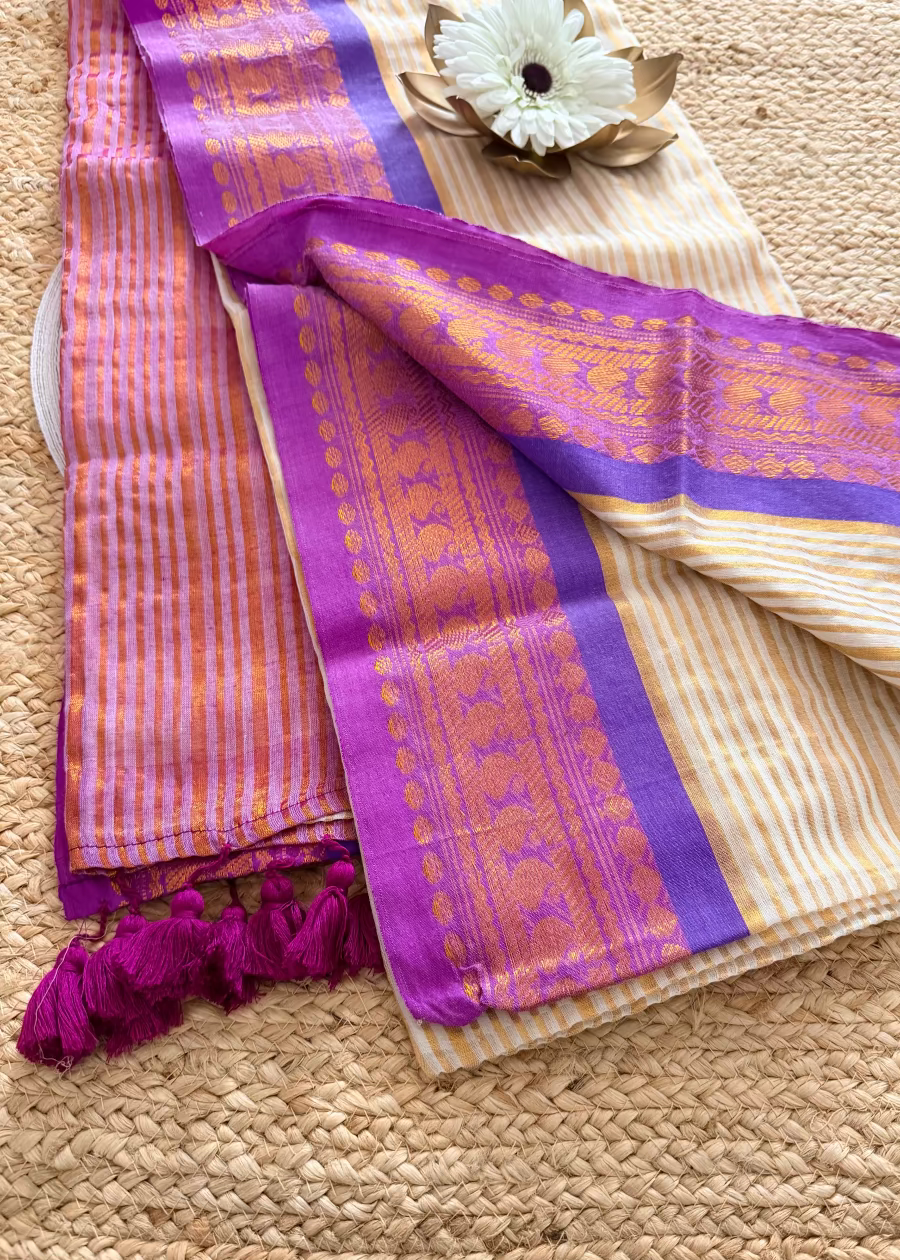 Mul Cotton Saree In Beige and Violet- Kerala