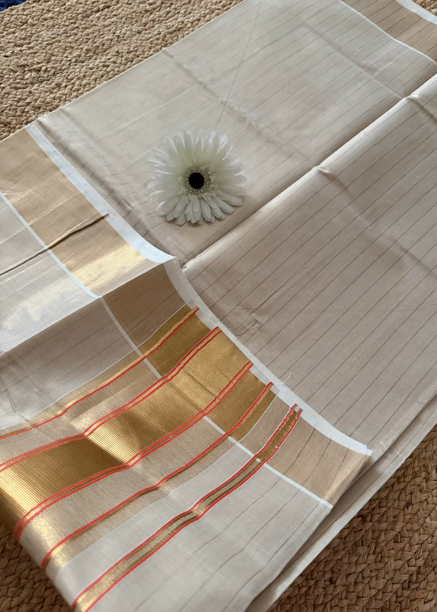 Kerala Kasavu Orange Saree- Kerala
