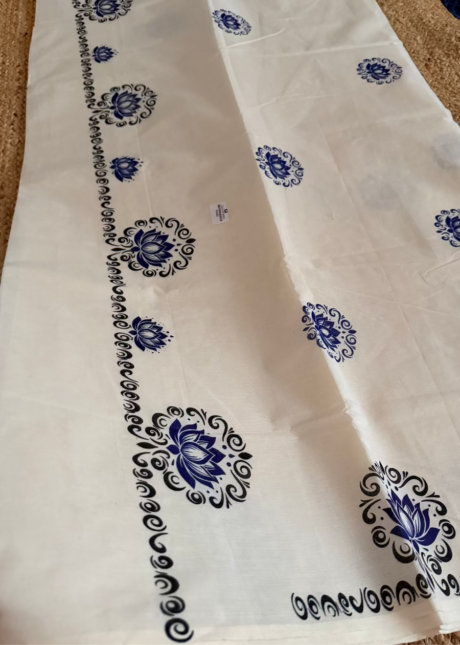 Kerala Cotton Floral Blue Saree- Kerala