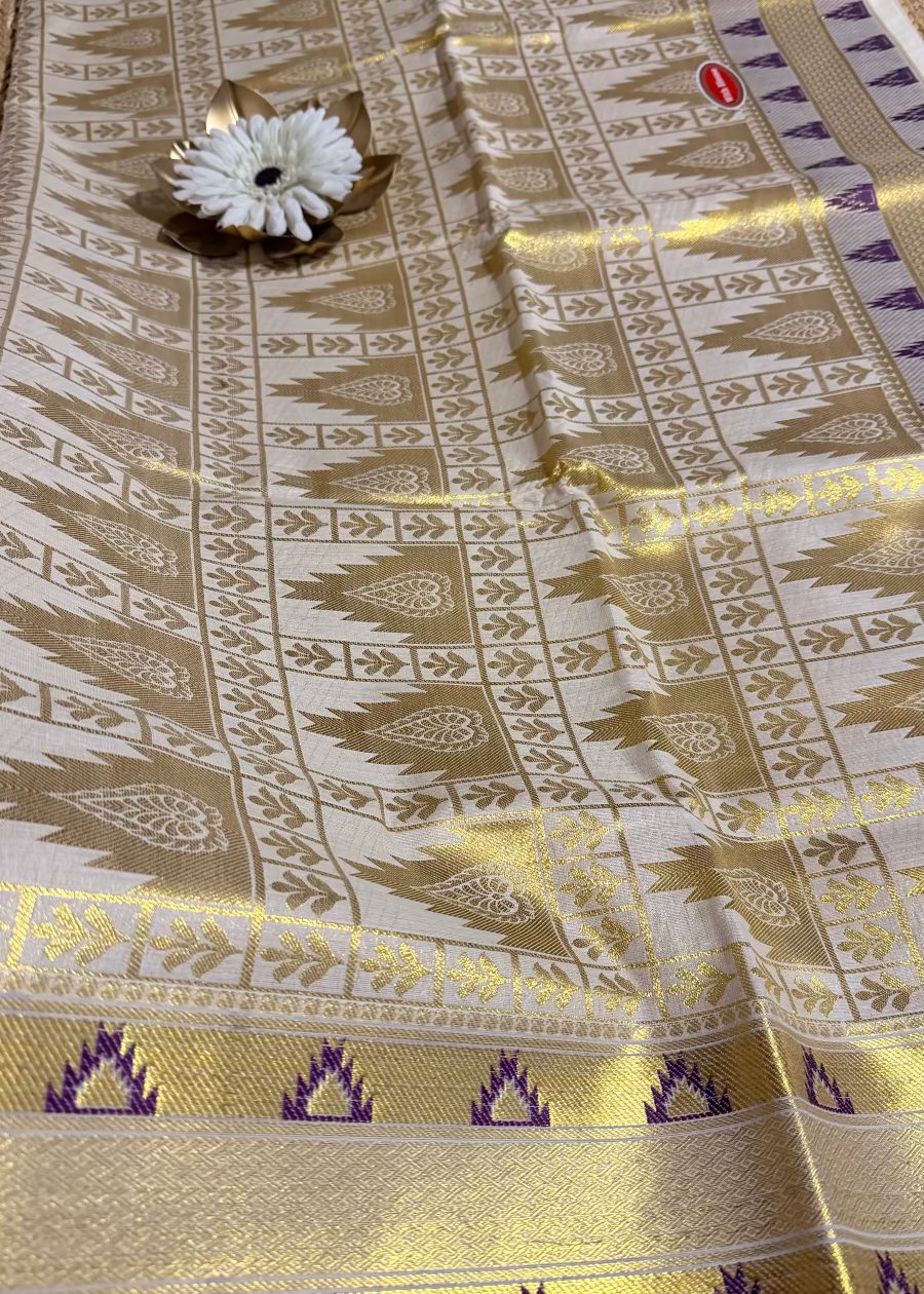 Kerala Kasavu Jacquard Design Violet Saree- Kerala