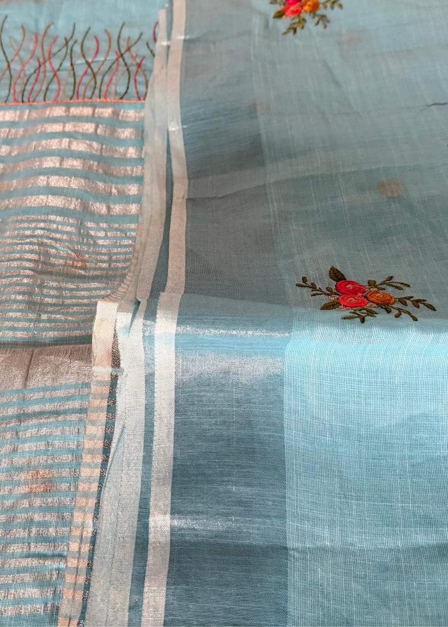 Light Blue Linen Cotton Saree- Bengal