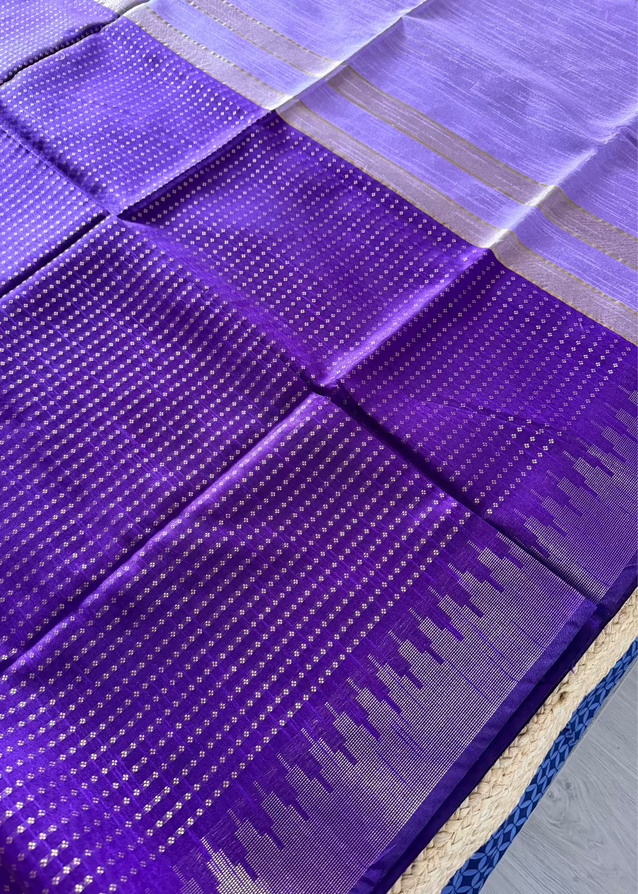Dark Violet Semi Raw Silk Saree With Temple Border- TN