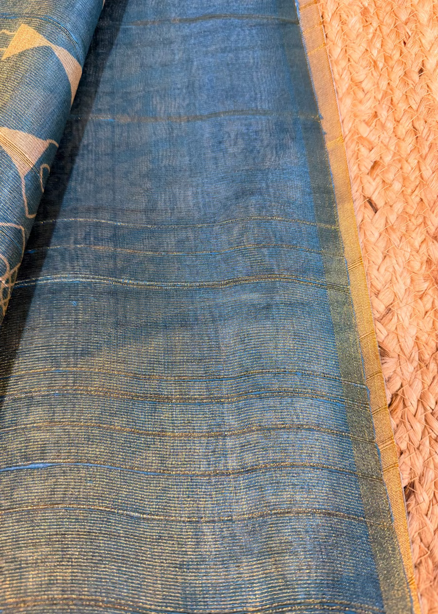 Blue Warli Print Semi Tussar Tissue Saree - Casual