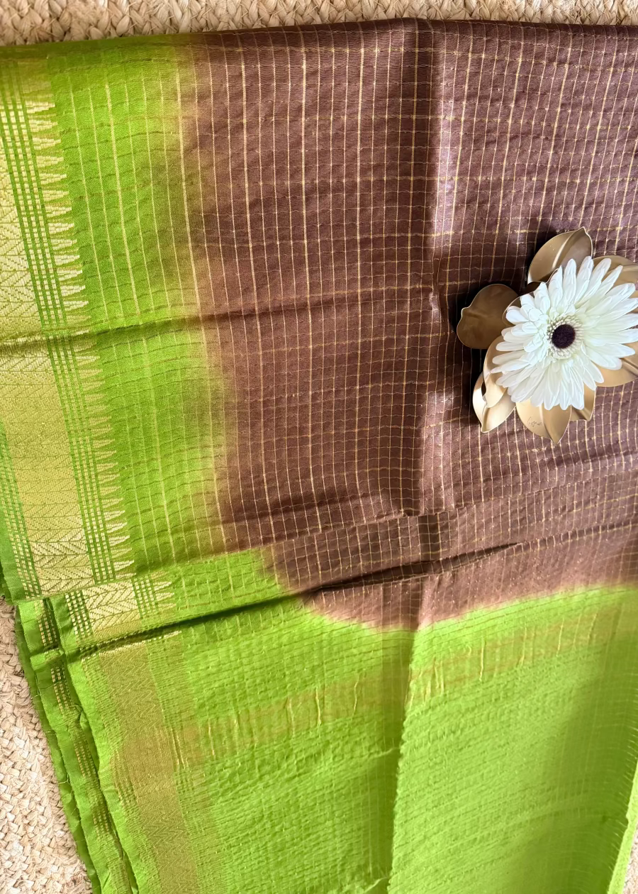 Green and Coffee Brown Bhagalpur Silk Saree- Semi Silk