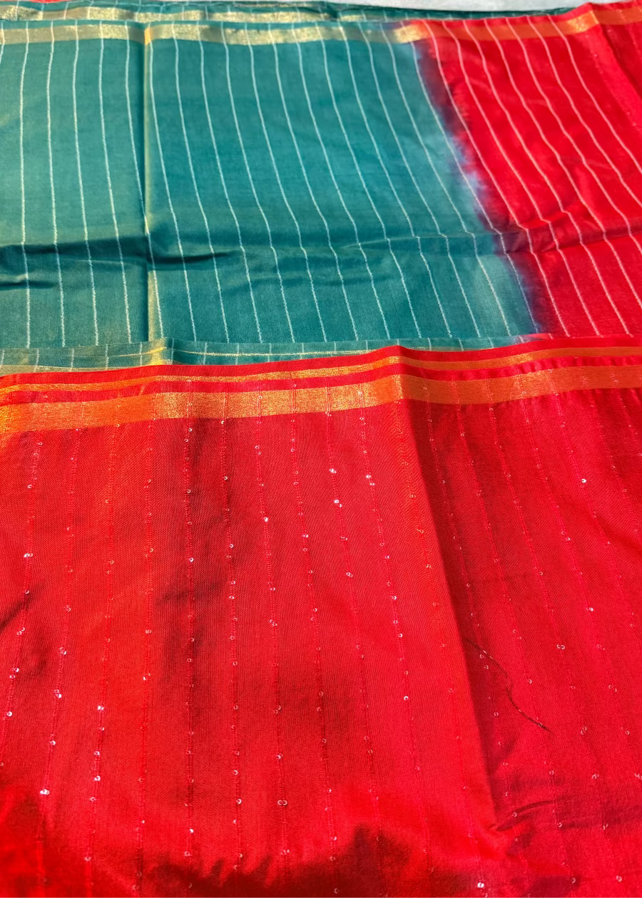Green and Red Bhagalpuri Silk Saree With Sequins Work- Banaras
