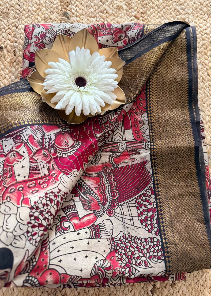 Kalamkari Block Printed Pink and Black Chennur Silk With Nizam Border- Andhra
