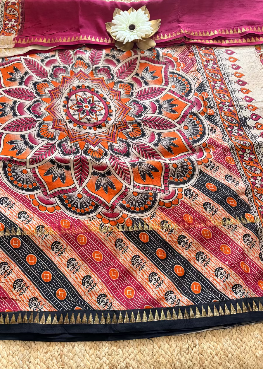 Dark Pink & Orange Gap Border Mangalgiri Silk Saree - Andhra