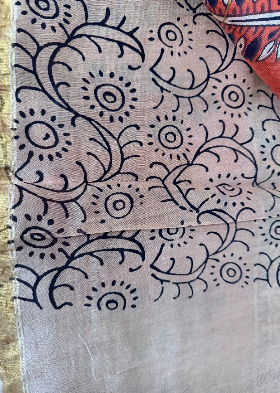 Black & Brick Red Chanderi Block Printed Saree - Jaipur