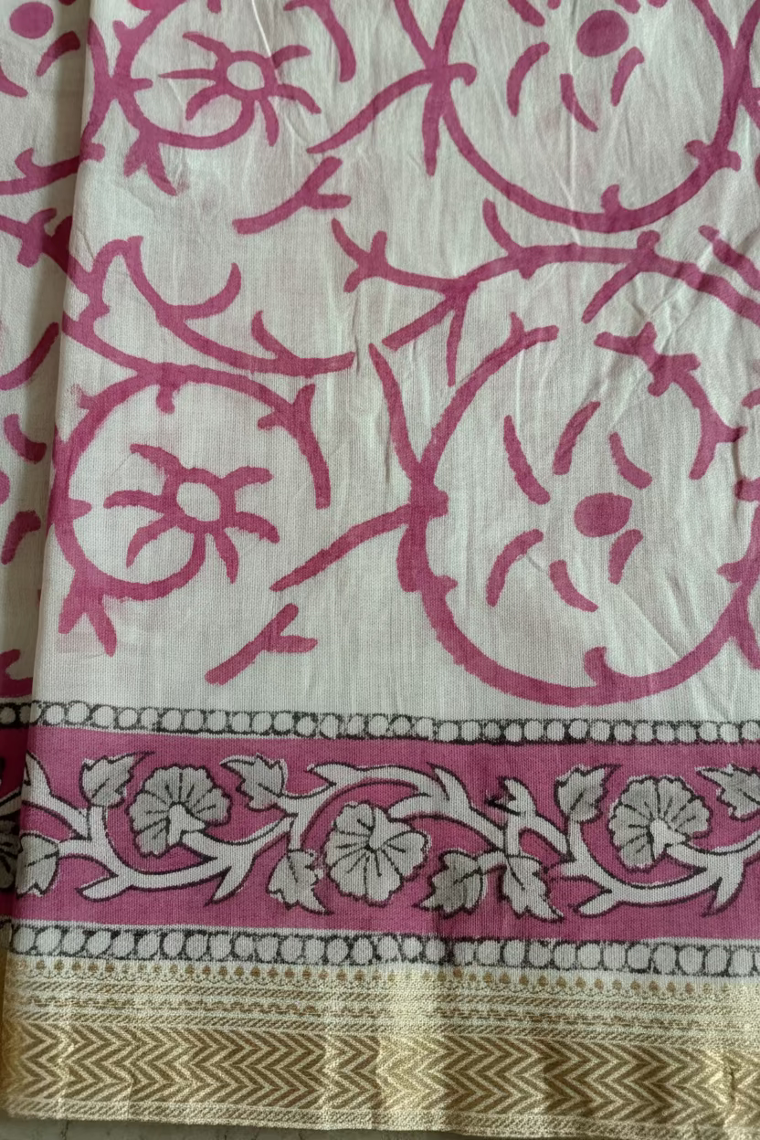 Pink and White Maheshwari Block Printed Saree - Jaipur