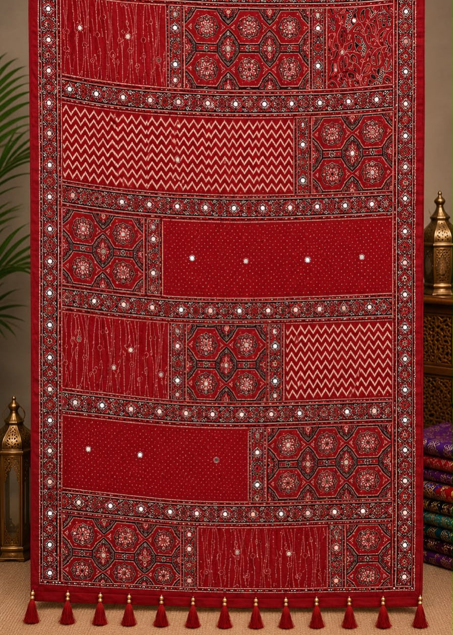 Red Pure Modal Silk Saree With Mirror Work- Gujarat