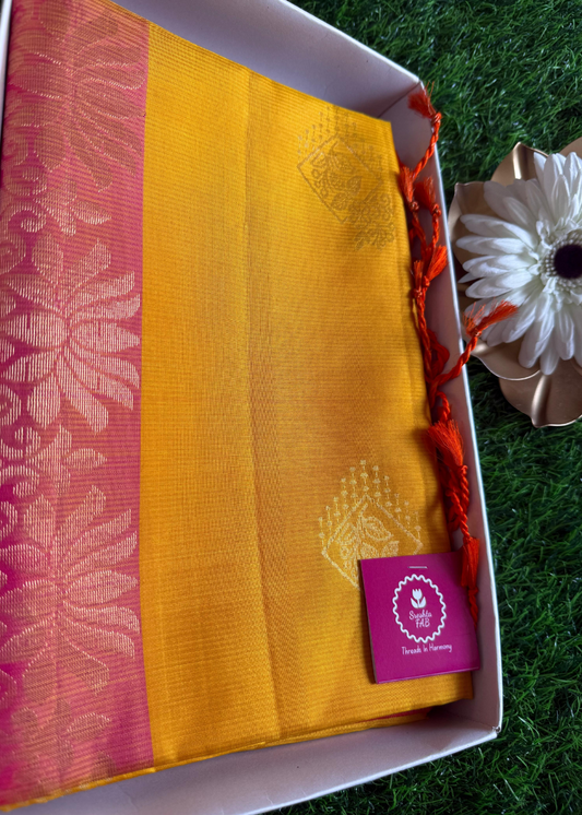 Turmeric Yellow And Dual Tone Pink Pure Soft Silk Saree- TN