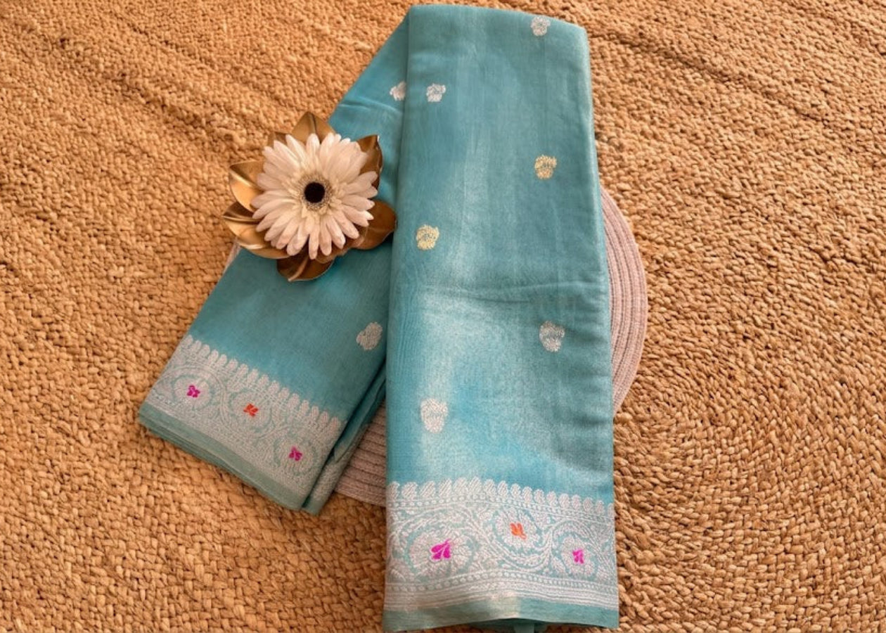 Turquoise Blue Pure Tissue Chiffon Silk Saree- Banaras