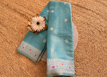 Turquoise Blue Pure Tissue Chiffon Silk Saree- Banaras