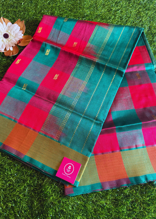Checked Pattern  Green And Majenta Pure Silk- Cotton Saree - TN