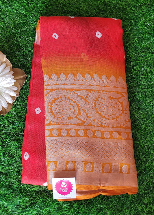 Chilli Red and Yellow Cotton Mix Saree-Casual